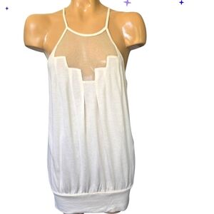 Anthropologie Deletta Staggered Gleam Tunic Halter Tank Cream Gold Mesh Sz Small